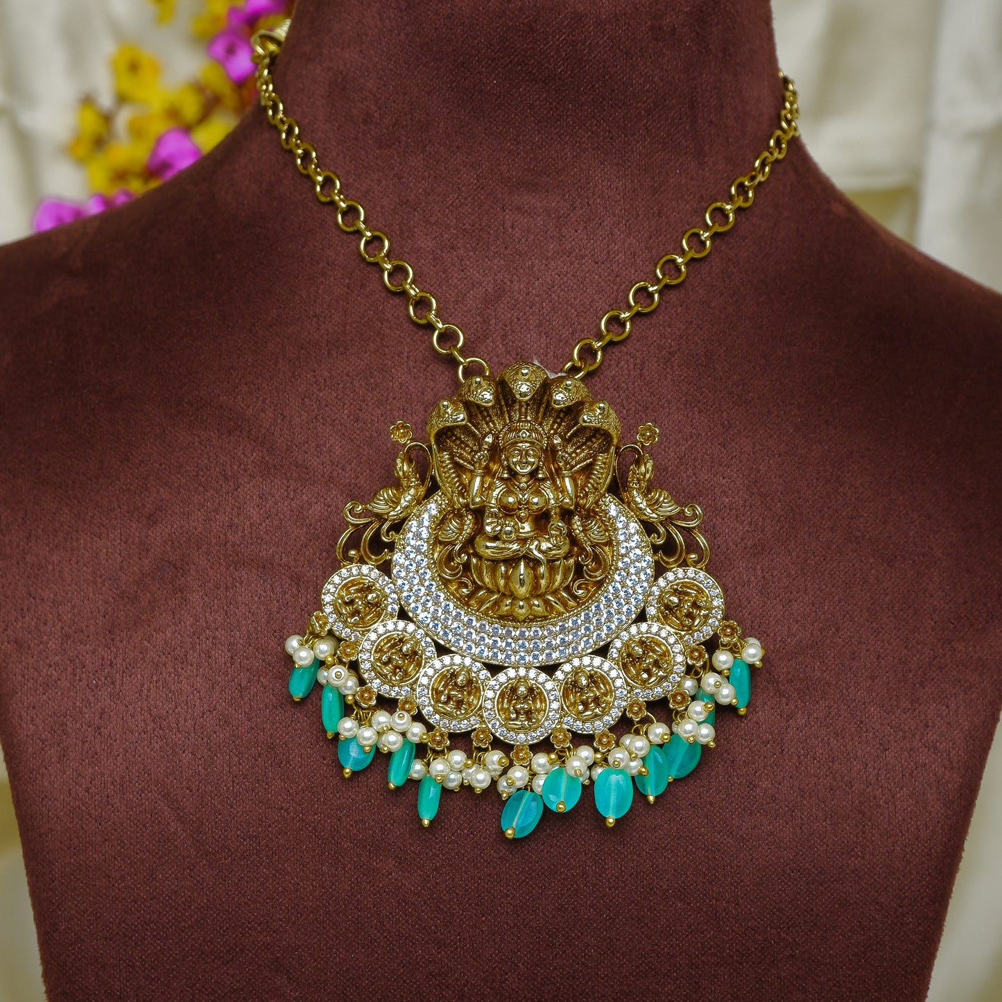 Antique Lakshmi Devi Pattern Pendant with CZ Stones