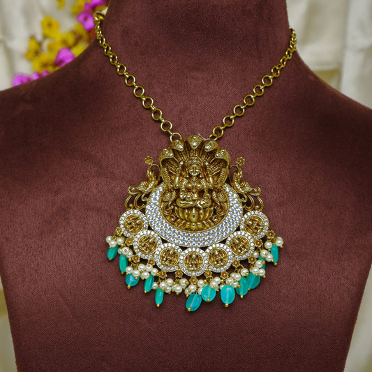 Antique Lakshmi Devi Pattern Pendant with CZ Stones