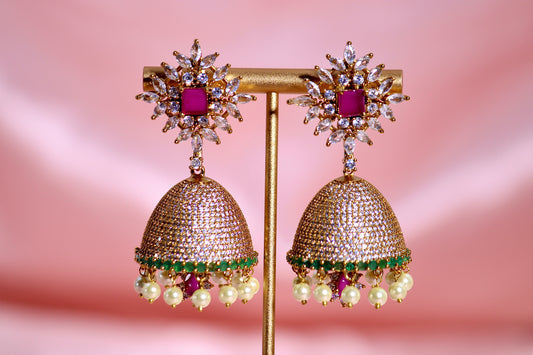 CZ Stones Ruby studded Jumka Earring